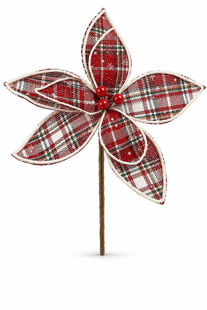 Yılbaşı Süs Kumaş Kırmızı Beyaz Desenli Çiçek 20cm ( ORC-STK-24057 ) - 1